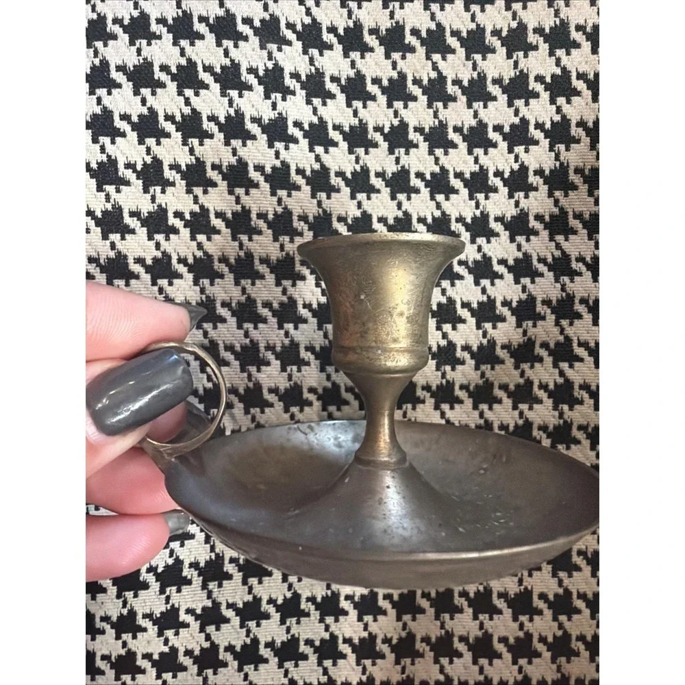 Vintage Chamberstick Candle Holder Metal Finger Loop Handle Aged Patina 3.5
